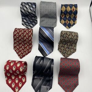 Silk Neck Tie Lot Of‎ 9 Wide Various Brand Colors Patterns Gray Blue Red Cream
